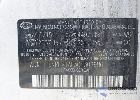 2016 Hyundai Sonata Se из США, поврежденный, VIN 5NPE24AF3GH302986